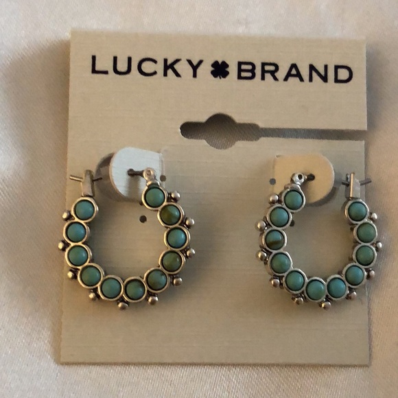 Lucky Brand Silver Tone Turquoise Set Stone Midi Hoop Earrings NWT - Picture 4 of 10